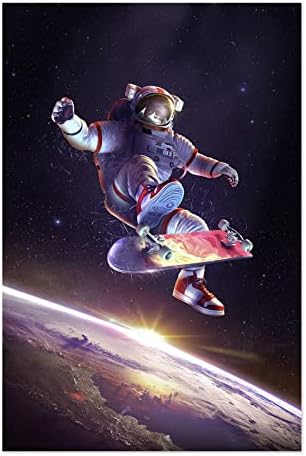 Cool Spaceman Poster Starry Sky Canvas Wall Art Astronaut neframed on Skateboard Imagine de imprimare pentru decorarea modernă a peretelui familiei, 40x60cm