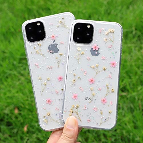 Feibili pentru iPhone 11 Pro Flower Case, moale Clear flexibil cauciuc Presat Uscat real flowers Case fete Glitter Floral Cover